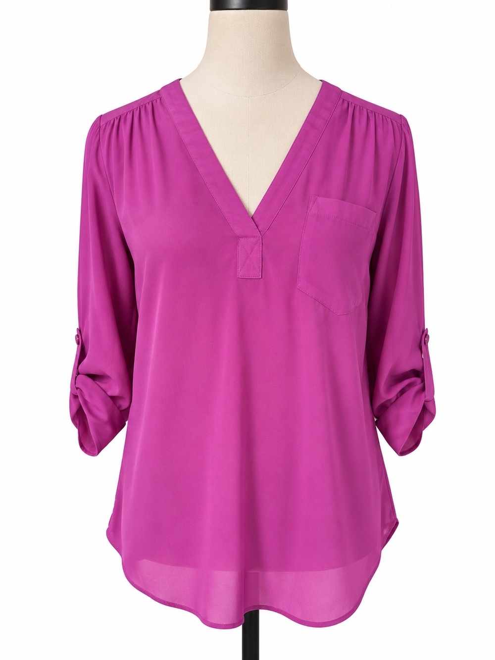 Maurices Women’s S Magenta Fuchsia V Neck Roll Tab Sleeve Blouse